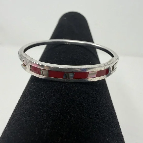 Vintage Mexico 925 Sterling Silver Abalone Red Shell Inlay Hinged Cuff Bracelet - Picture 13 of 16